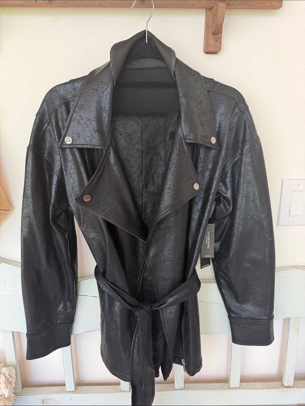 Liverpool Black Faux Leather Belted Trench Coat